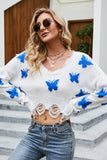 WOMEN BUTTERFLY PRINT DISTRESSED CROP SWEATER