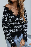 WOMEN ANGEL LETTER PRINTING DISTRESSED SWEATER
