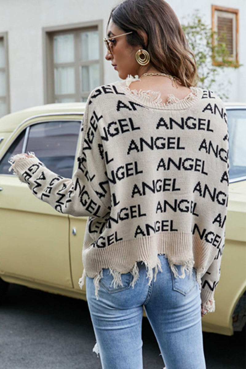 WOMEN ANGEL LETTER PRINTING DISTRESSED SWEATER