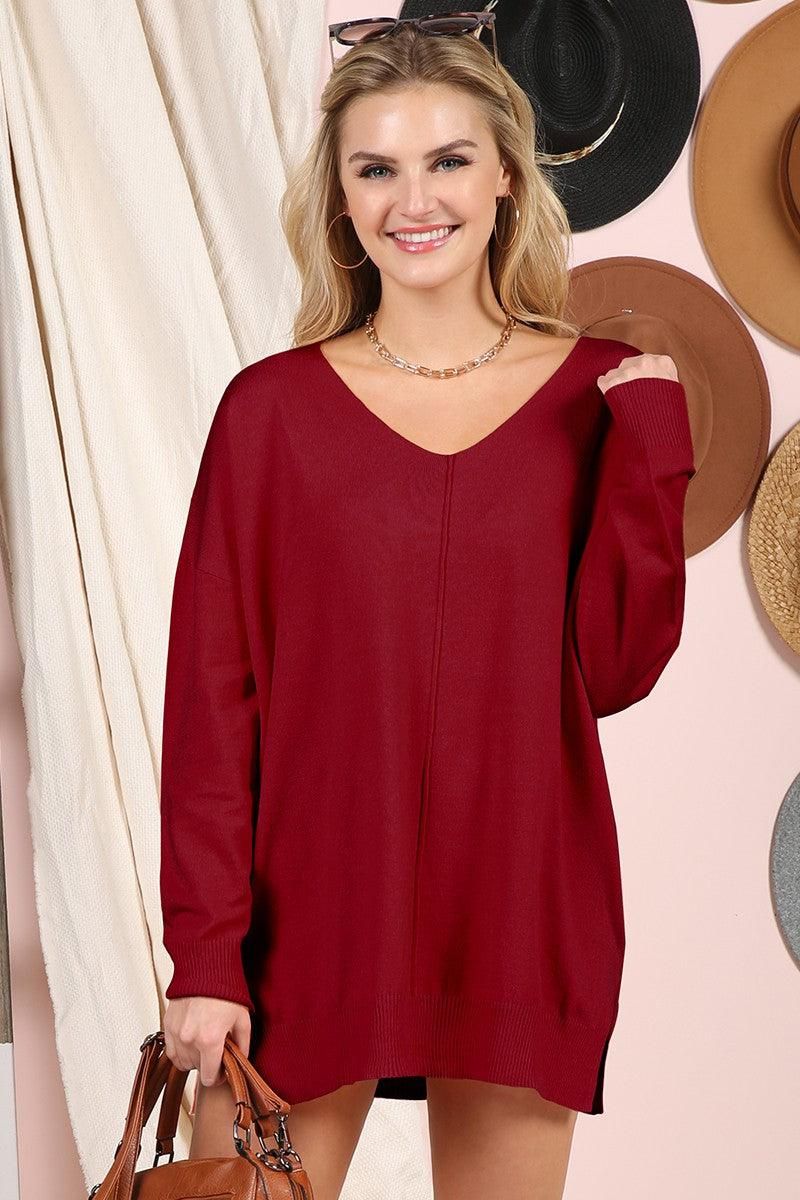 V NECK LOOSE FIT TUNIC LENGTH SOFT SWEATER TOP - Doublju