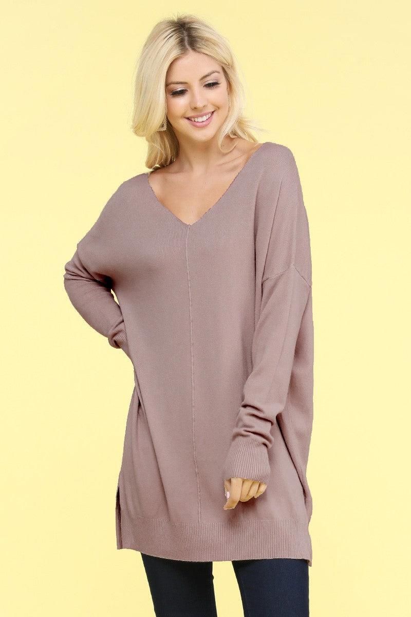 V NECK LOOSE FIT TUNIC LENGTH SOFT SWEATER TOP - Doublju