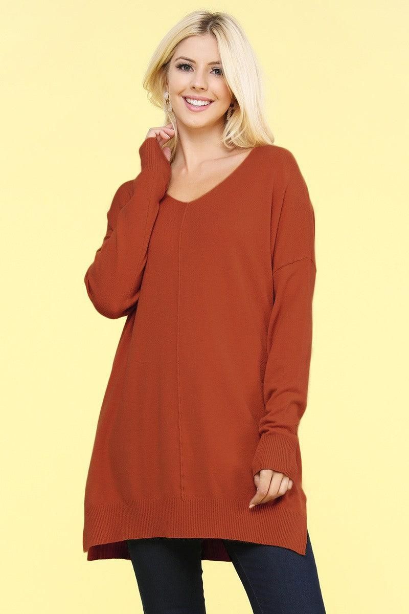 V NECK LOOSE FIT TUNIC LENGTH SOFT SWEATER TOP - Doublju