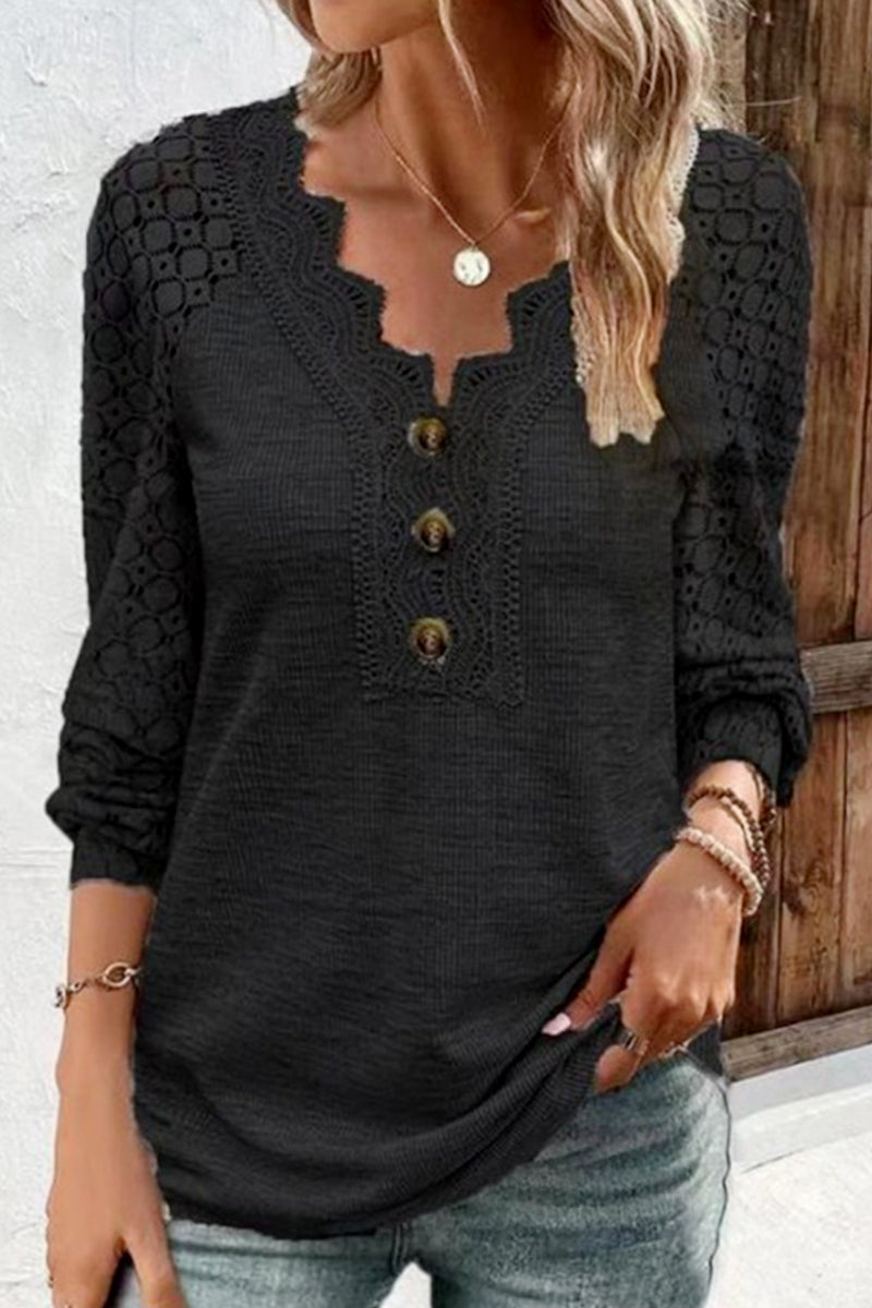 WOMEN'S T SHIRT TEE PLAIN LACE LONG SLEEVE DAILY WEEKEND FASHION BASIC ELEGANT V NECK REGULAR FIT