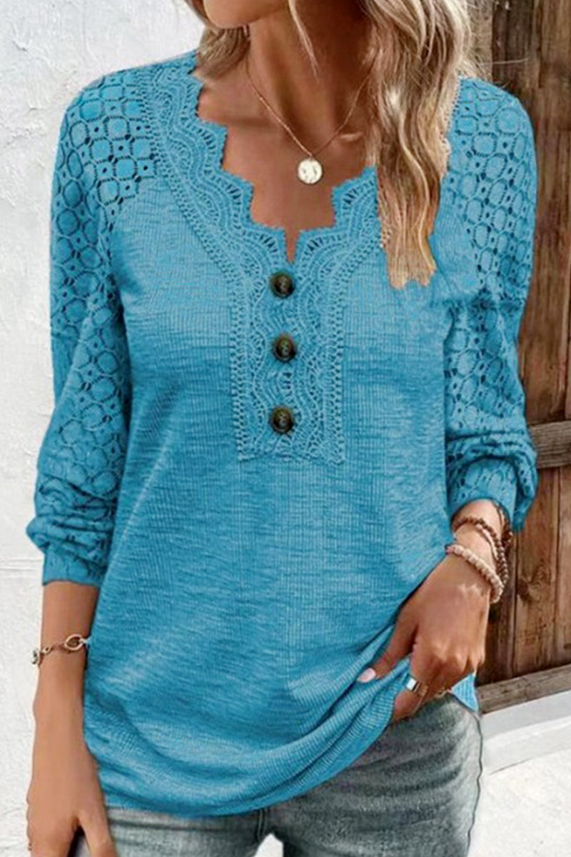 WOMEN'S T SHIRT TEE PLAIN LACE LONG SLEEVE DAILY WEEKEND FASHION BASIC ELEGANT V NECK REGULAR FIT