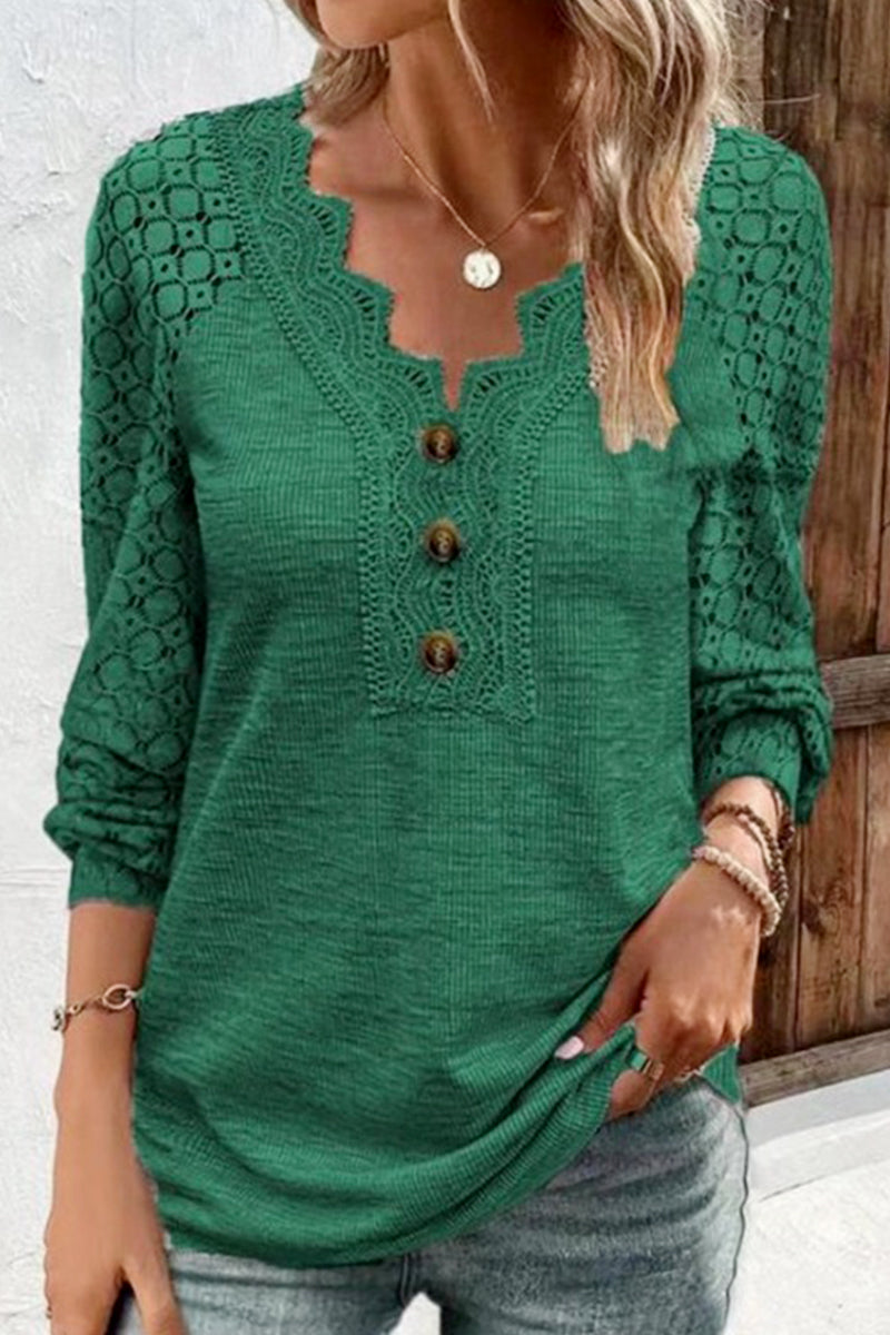 WOMEN'S T SHIRT TEE PLAIN LACE LONG SLEEVE DAILY WEEKEND FASHION BASIC ELEGANT V NECK REGULAR FIT