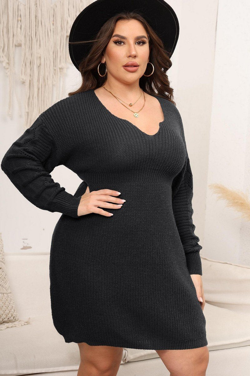 WOMEN PLUS SIZE LONG SLEEVE KNITTED SWEAT DRESS