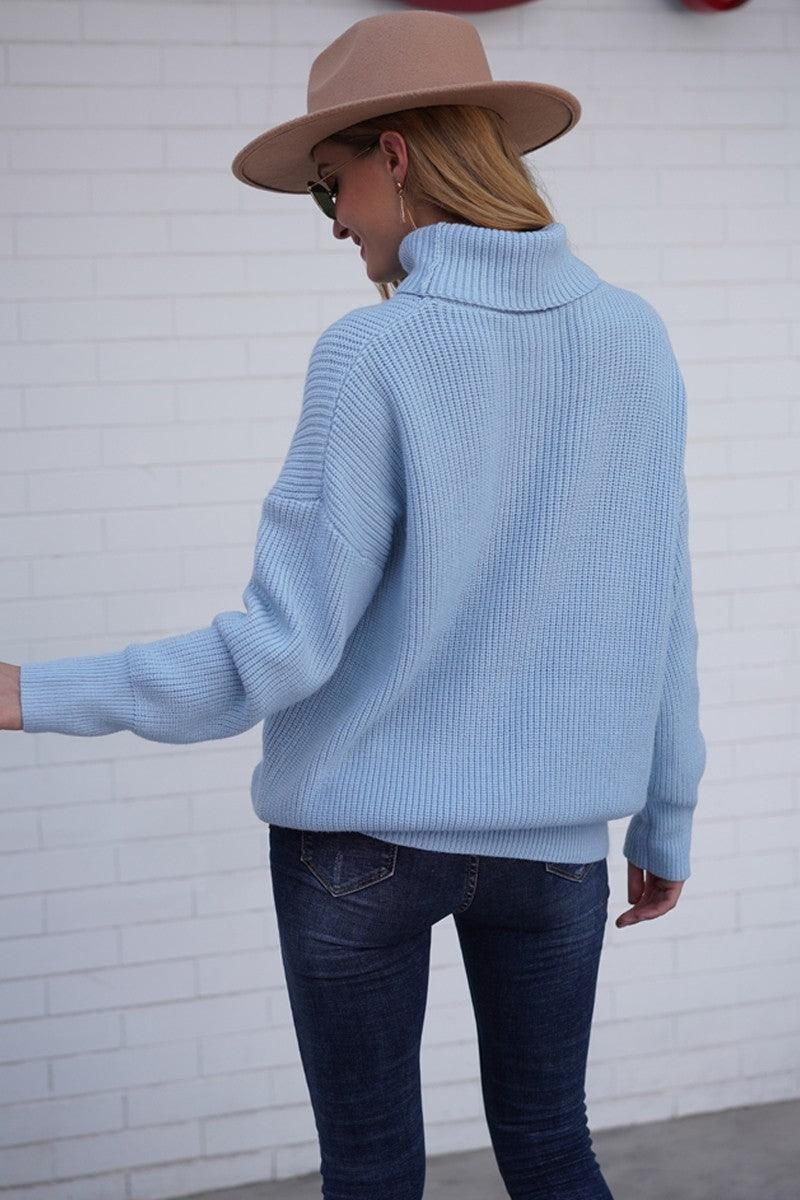 CABLE KNIT SOLID LONG SLEEVE TURTLE NECK SWEATER - Doublju