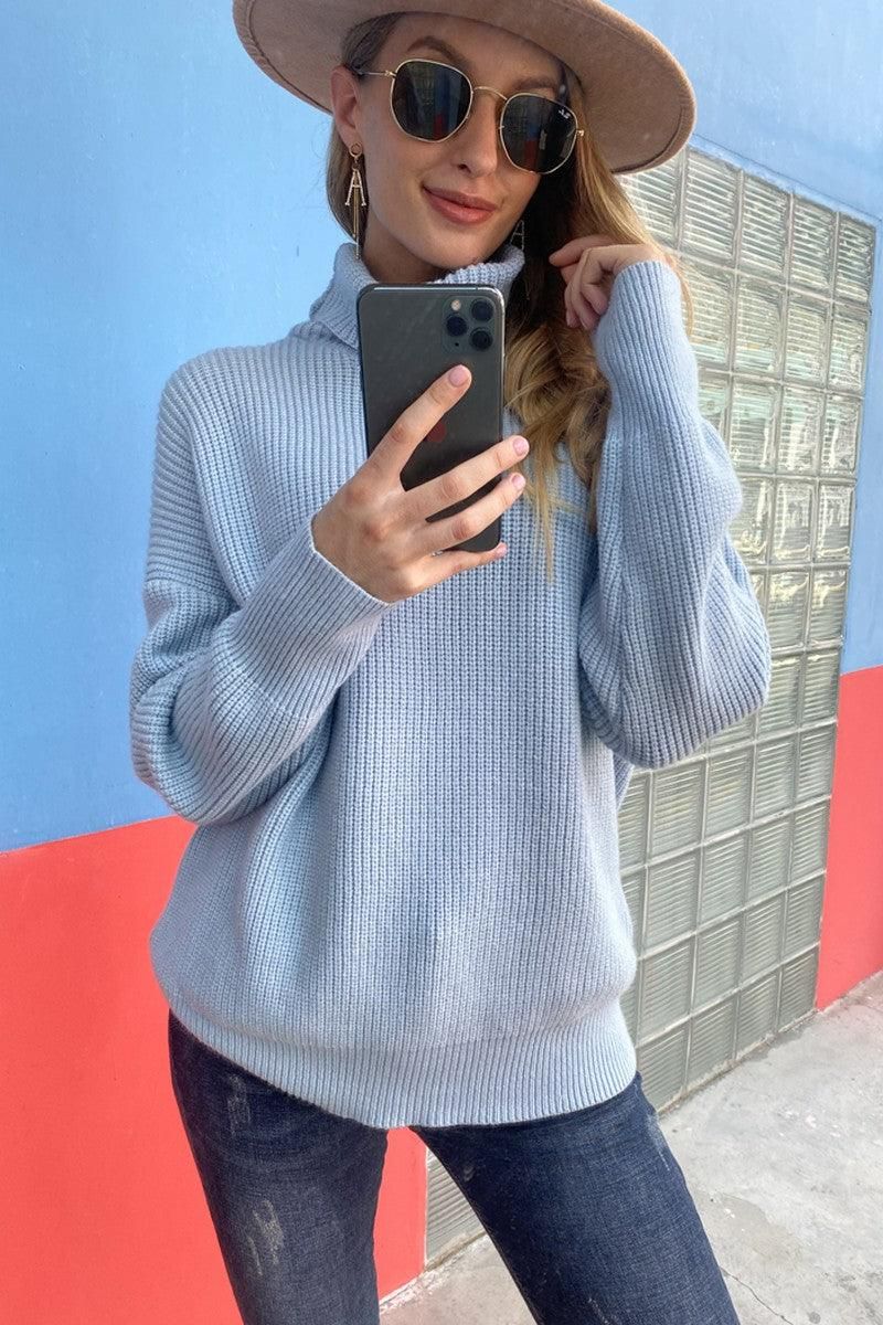 CABLE KNIT SOLID LONG SLEEVE TURTLE NECK SWEATER - Doublju