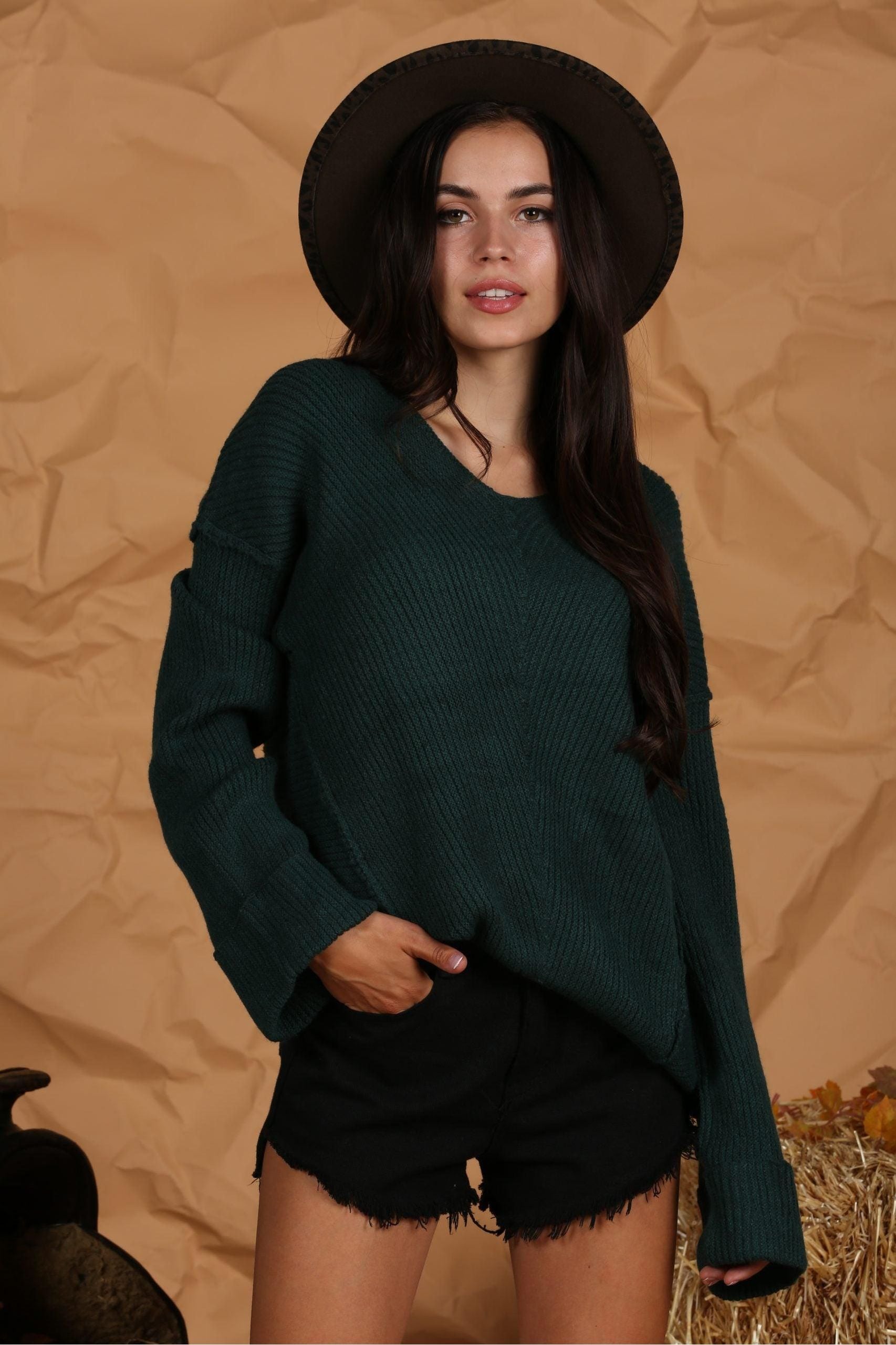 LINED CABLE KNITTED LOOSE FIT TUNIC SWEATER TOP - Doublju