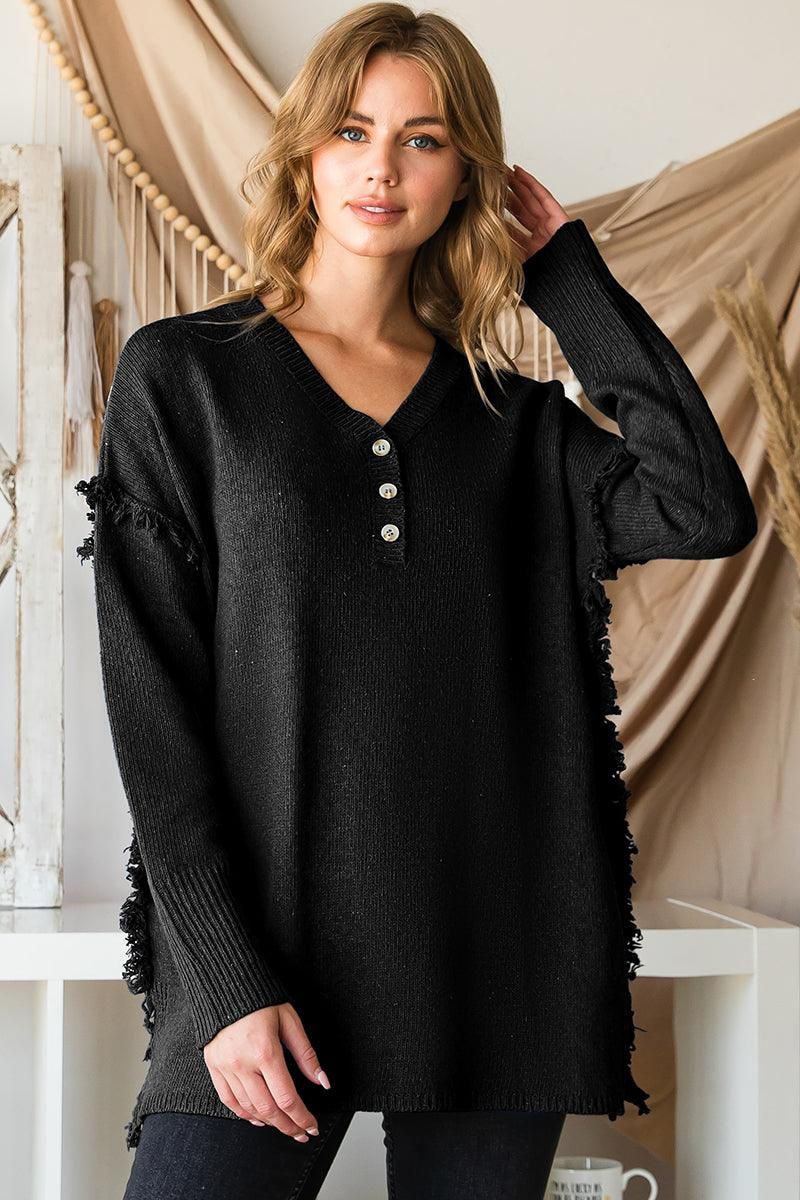 FRINGE SHOULDER BUTTON DOWN SWEATER KNIT TOP - Doublju