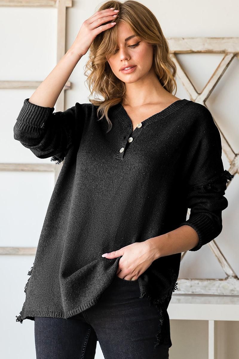 FRINGE SHOULDER BUTTON DOWN SWEATER KNIT TOP - Doublju