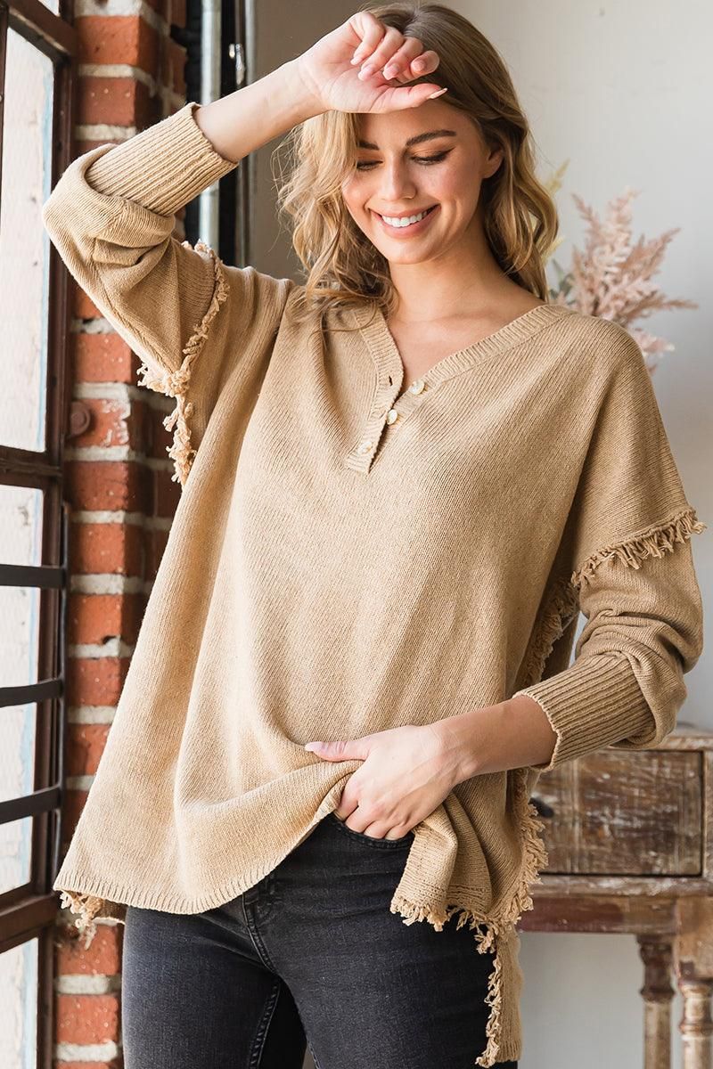 FRINGE SHOULDER BUTTON DOWN SWEATER KNIT TOP - Doublju