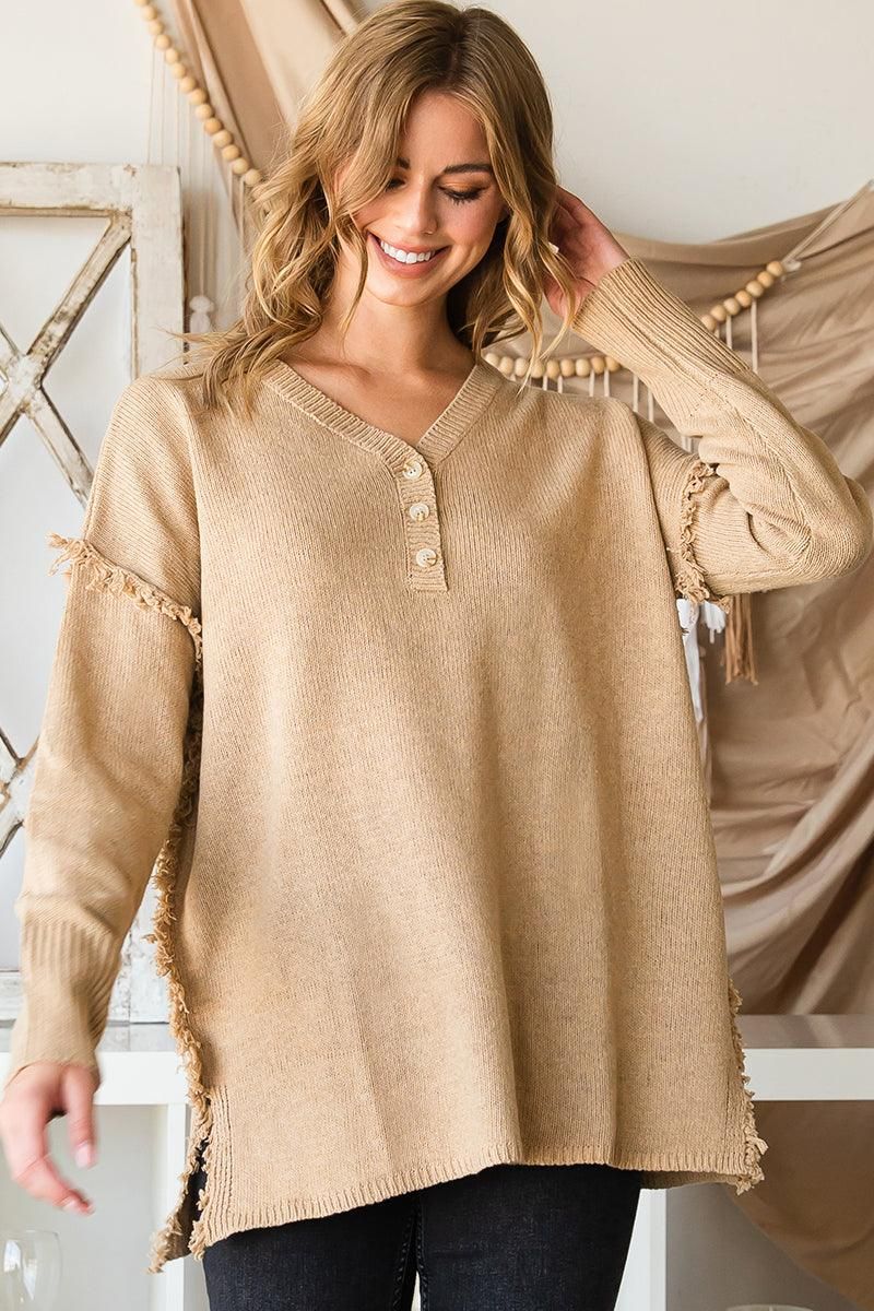 FRINGE SHOULDER BUTTON DOWN SWEATER KNIT TOP - Doublju