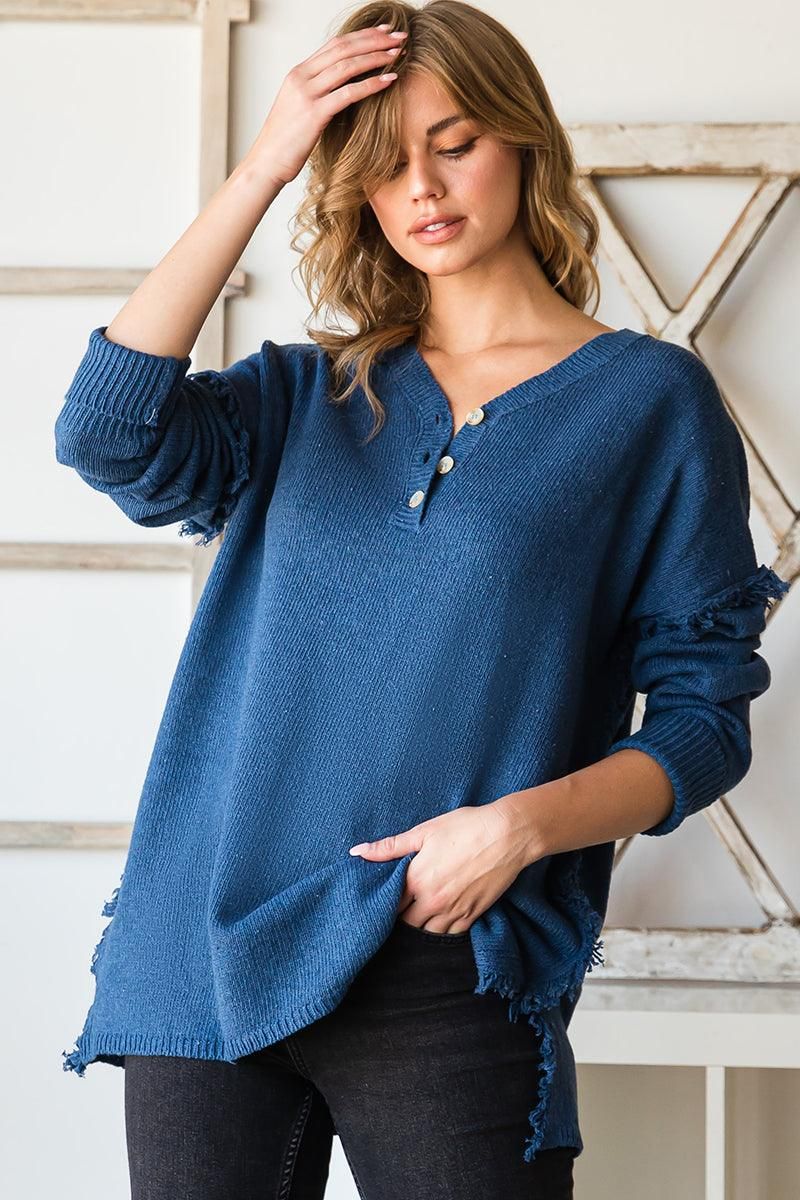 FRINGE SHOULDER BUTTON DOWN SWEATER KNIT TOP - Doublju