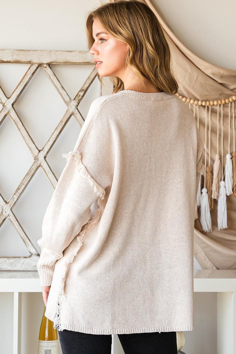 FRINGE SHOULDER BUTTON DOWN SWEATER KNIT TOP - Doublju