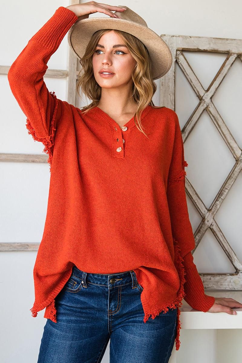 FRINGE SHOULDER BUTTON DOWN SWEATER KNIT TOP - Doublju