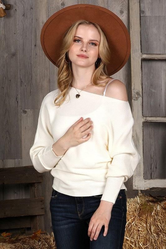 SOFT ONE SIDE OFF SHOULDER SWEATER RIB TOP - Doublju