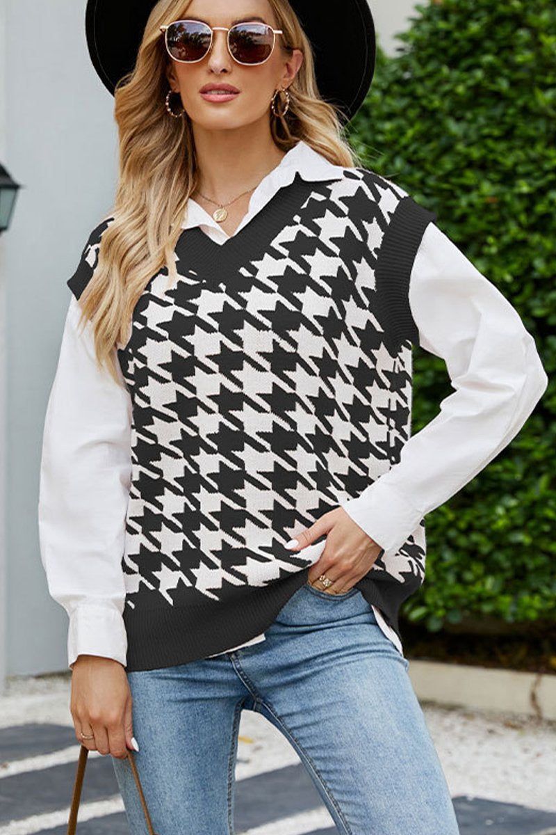 HOUNDSTOOTH LOOSE SLEEVELESS VEST SWEATER