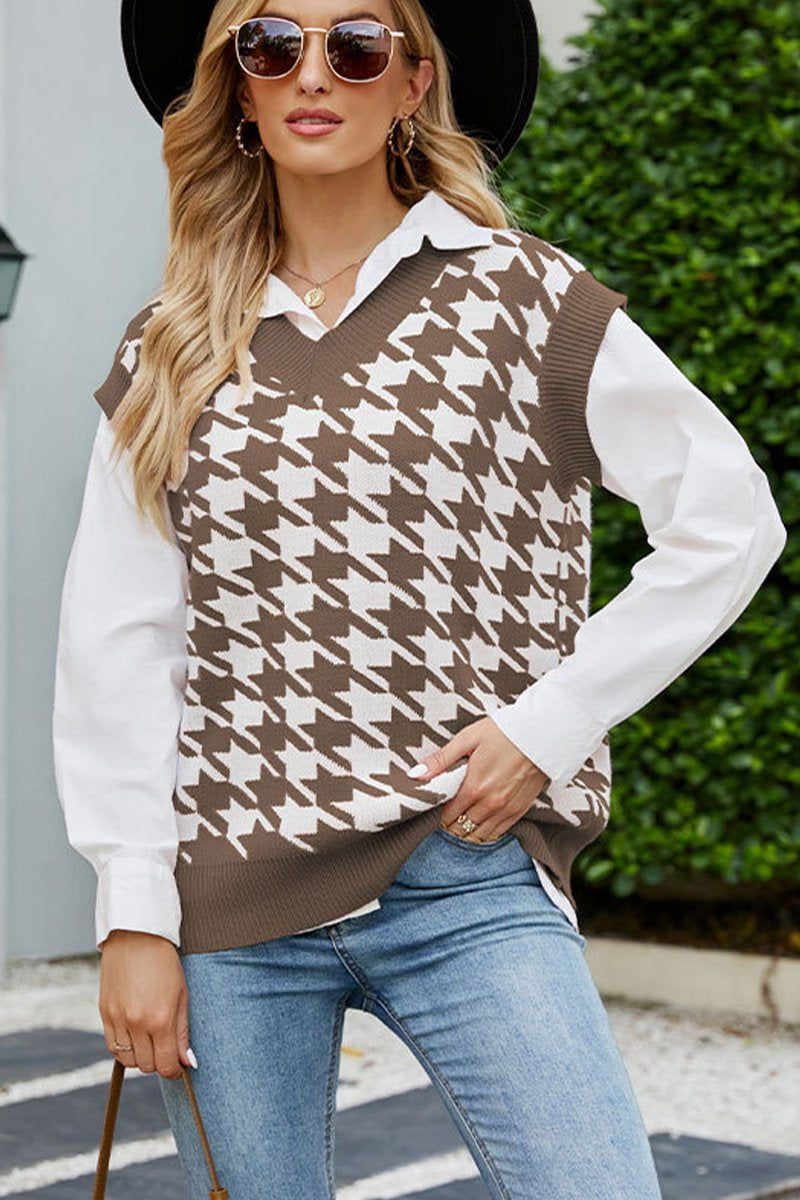 HOUNDSTOOTH LOOSE SLEEVELESS VEST SWEATER