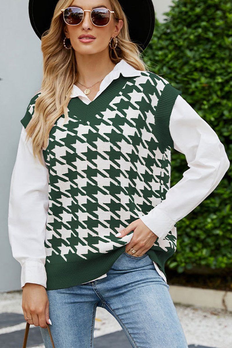 HOUNDSTOOTH LOOSE SLEEVELESS VEST SWEATER