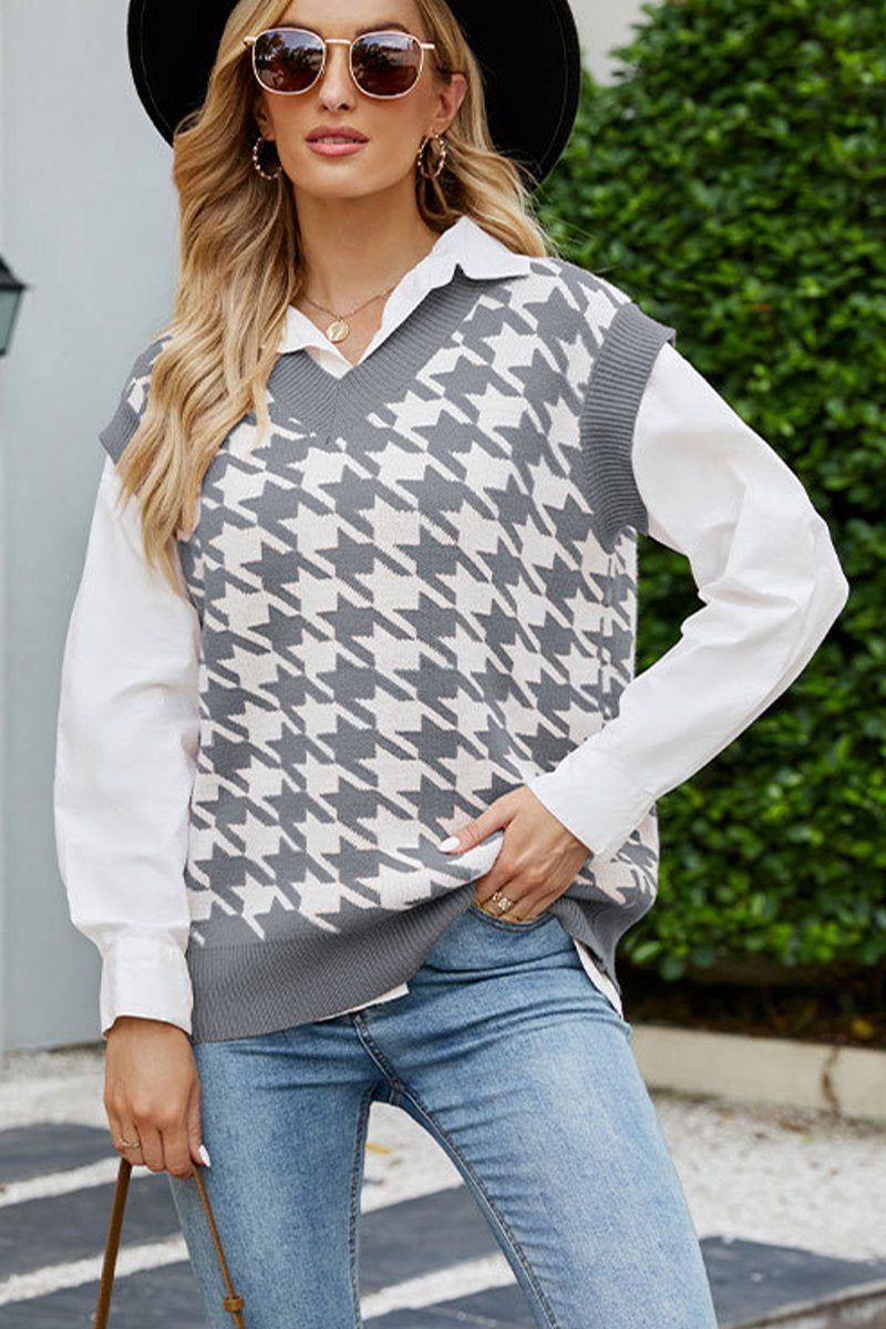 HOUNDSTOOTH LOOSE SLEEVELESS VEST SWEATER