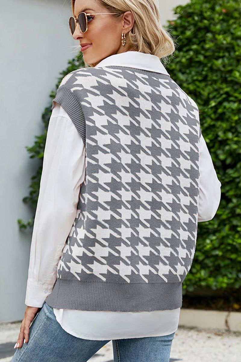 HOUNDSTOOTH LOOSE SLEEVELESS VEST SWEATER