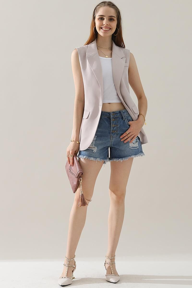 ONE BUTTON LOUND HEM LOOSE BLAZER VEST - Doublju