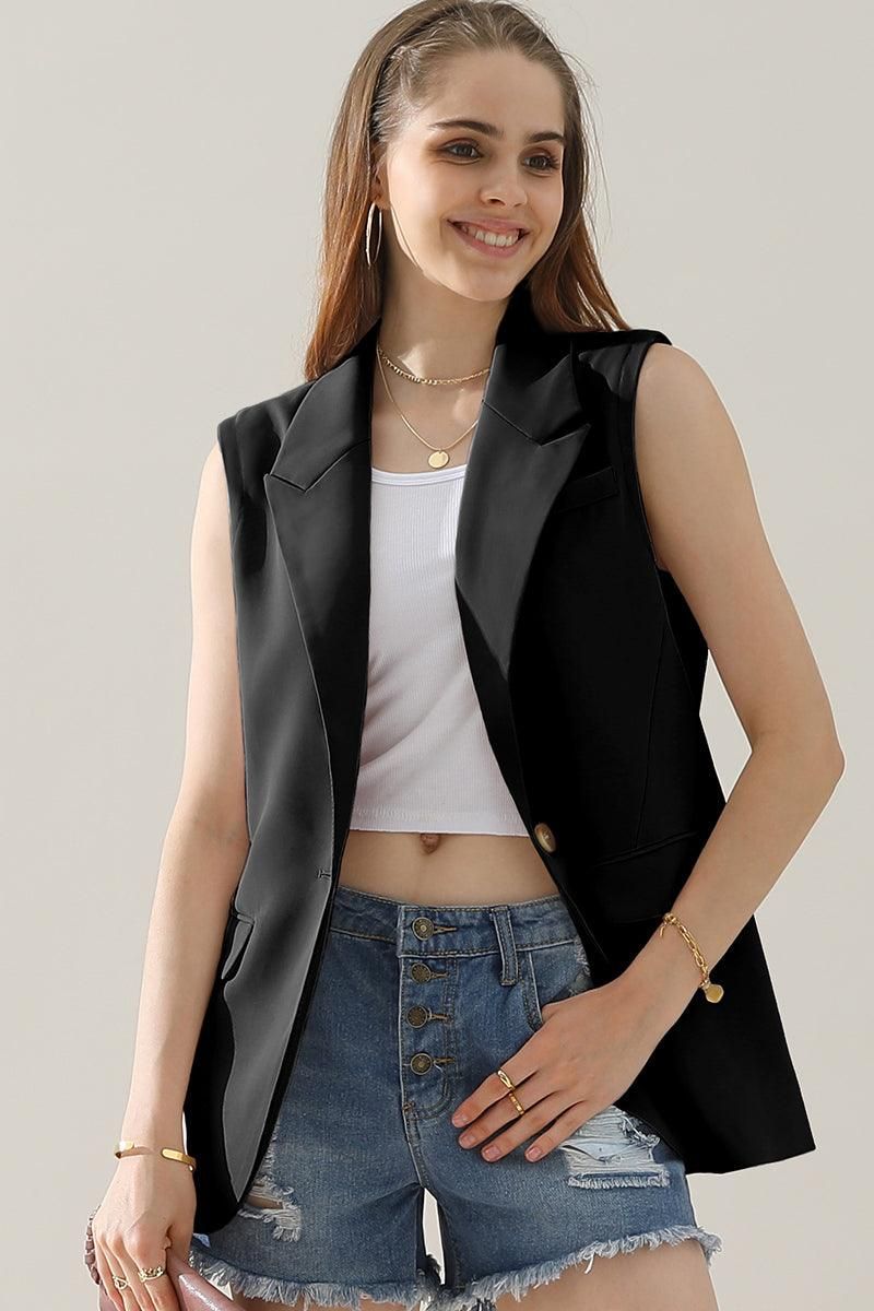 ONE BUTTON LOUND HEM LOOSE BLAZER VEST - Doublju