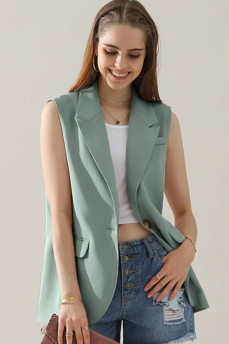 ONE BUTTON LOUND HEM LOOSE BLAZER VEST - Doublju