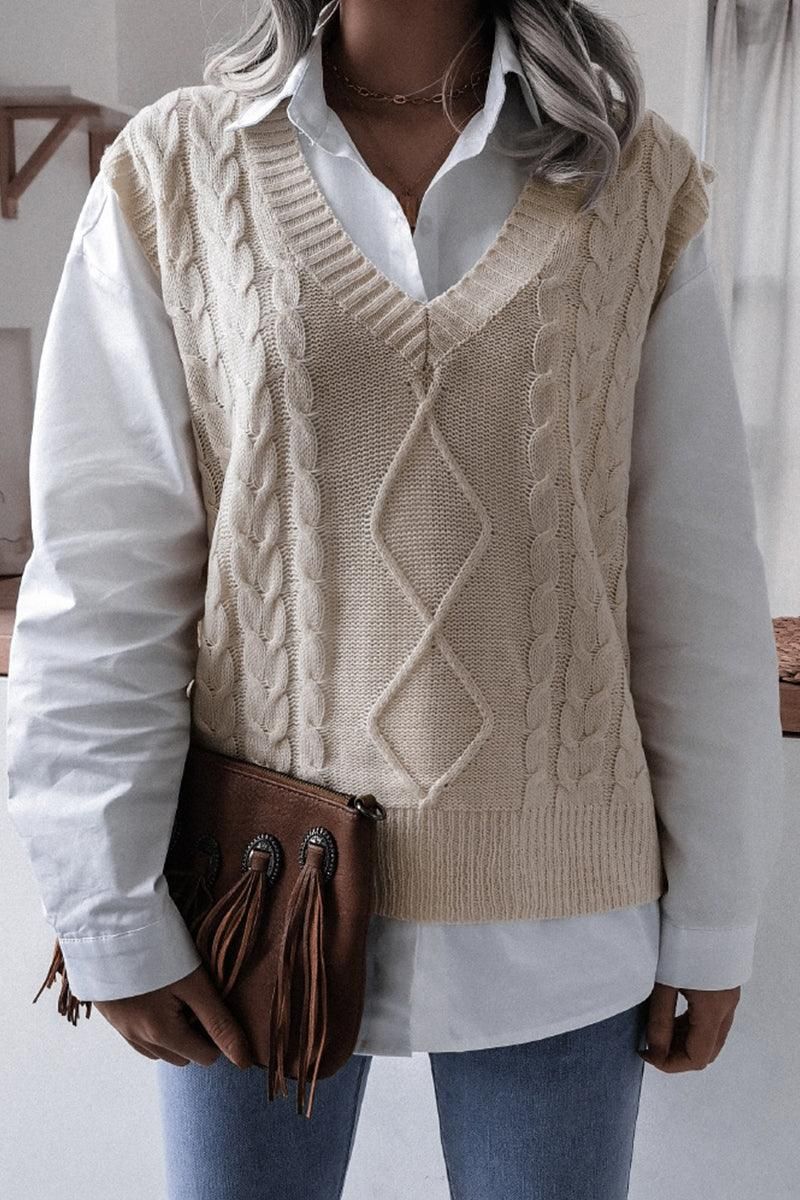 WOMEN CABLE KNIT V NECK VEST SWEATER - Doublju