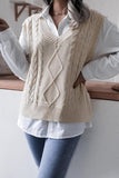 WOMEN CABLE KNIT V NECK VEST SWEATER - Doublju