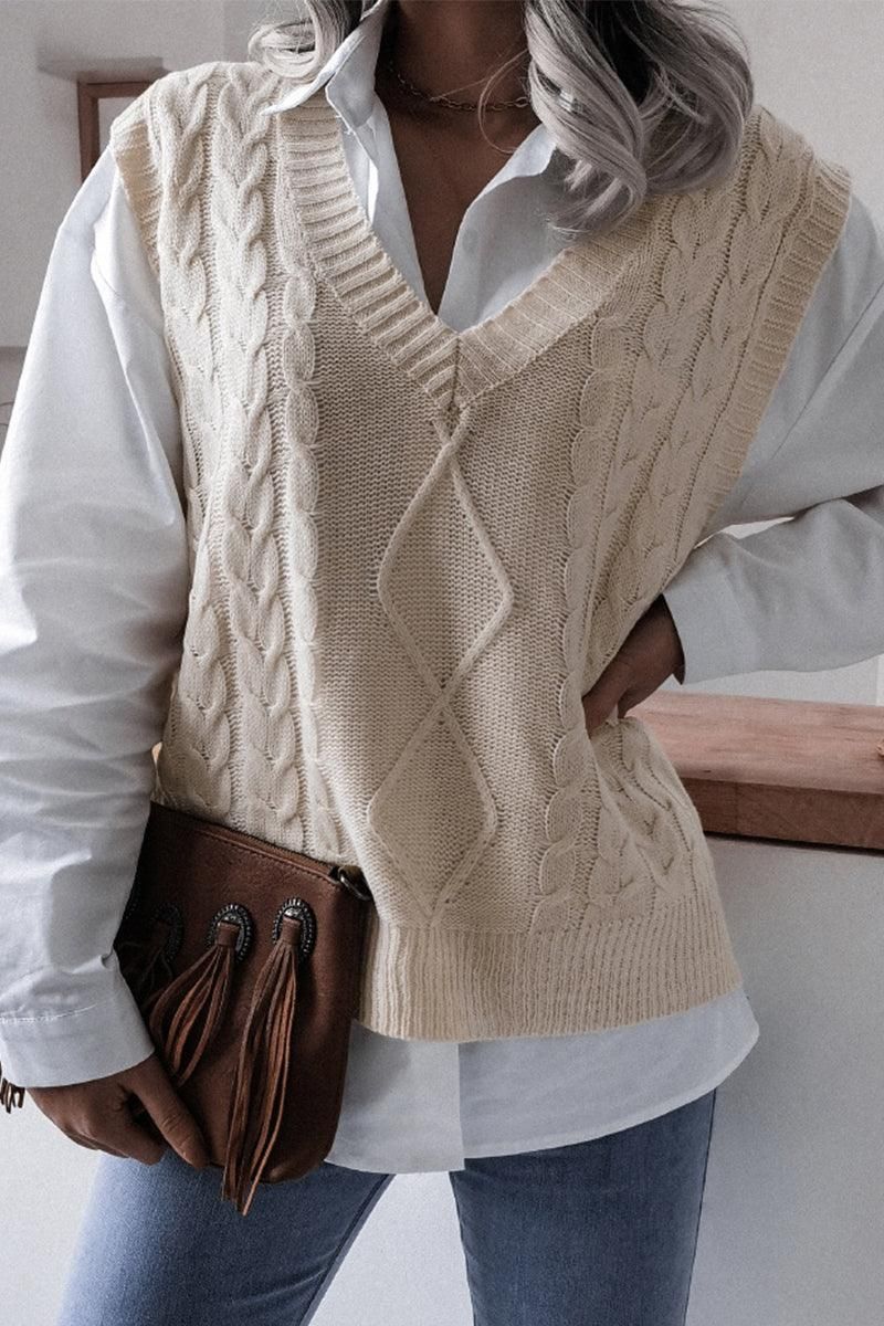 WOMEN CABLE KNIT V NECK VEST SWEATER - Doublju