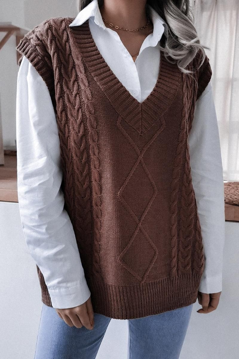 WOMEN CABLE KNIT V NECK VEST SWEATER - Doublju