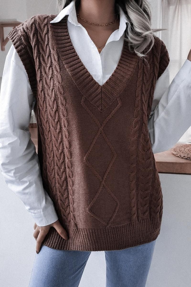 WOMEN CABLE KNIT V NECK VEST SWEATER - Doublju