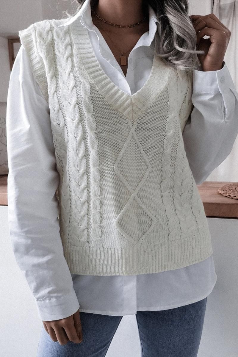 WOMEN CABLE KNIT V NECK VEST SWEATER - Doublju