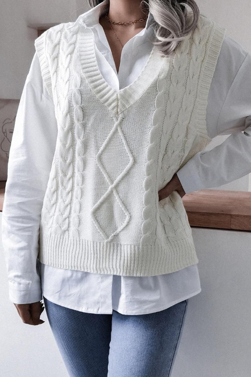 WOMEN CABLE KNIT V NECK VEST SWEATER - Doublju