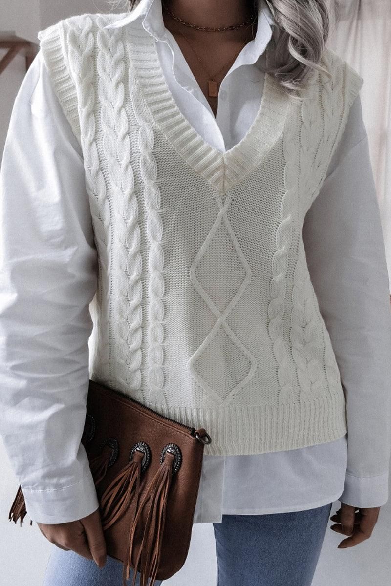 WOMEN CABLE KNIT V NECK VEST SWEATER - Doublju