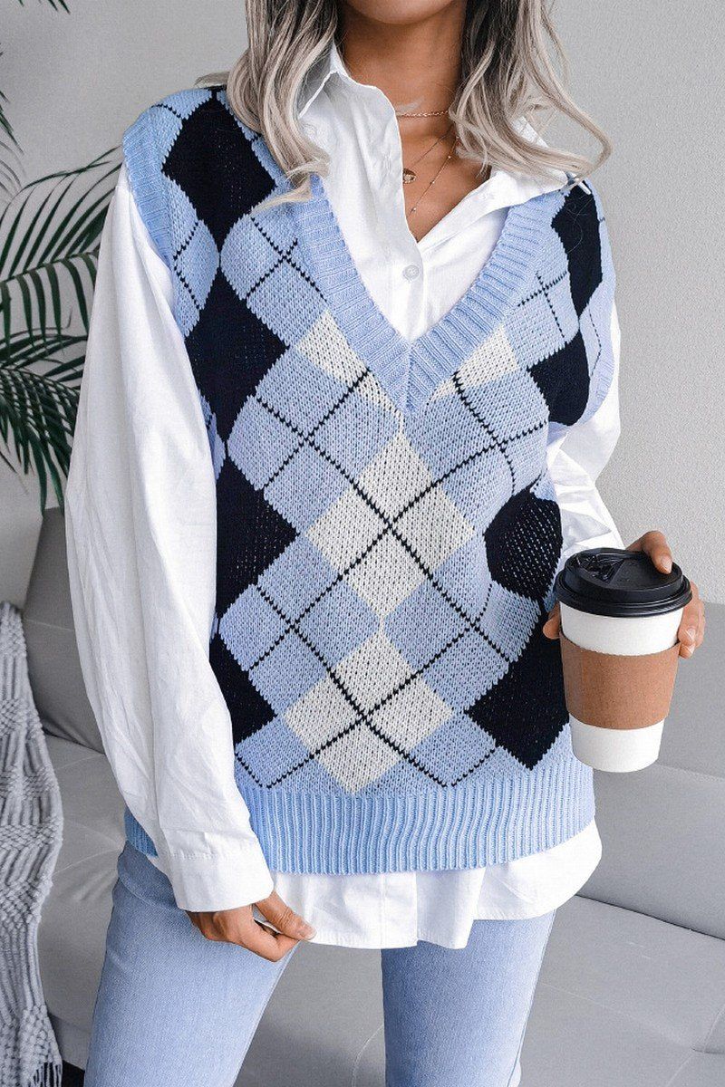 V NECK LOZENGE CASUAL LOOSE KNIT VEST