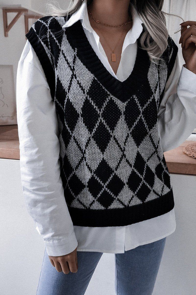 V NECK LOZENGE CASUAL LOOSE KNIT VEST