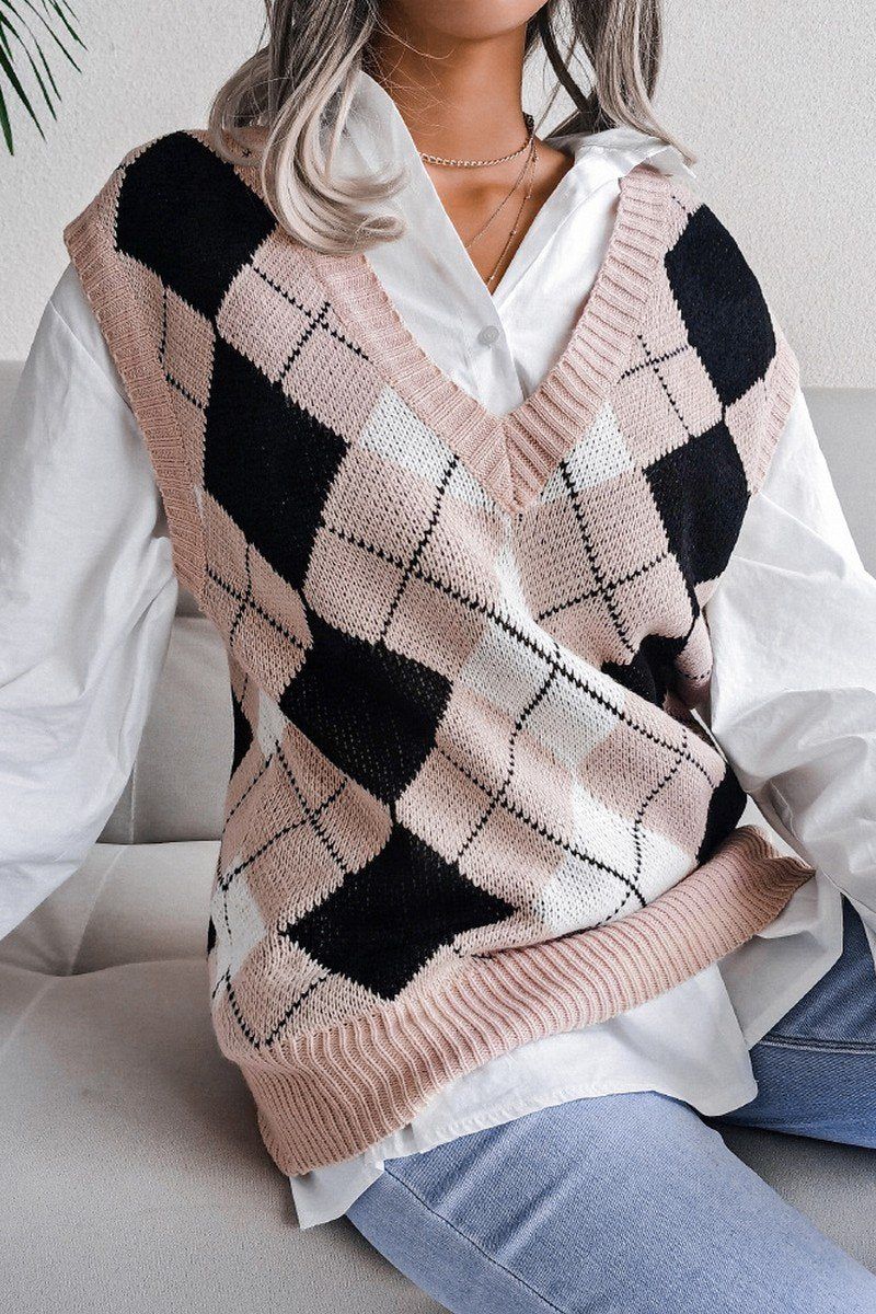 V NECK LOZENGE CASUAL LOOSE KNIT VEST