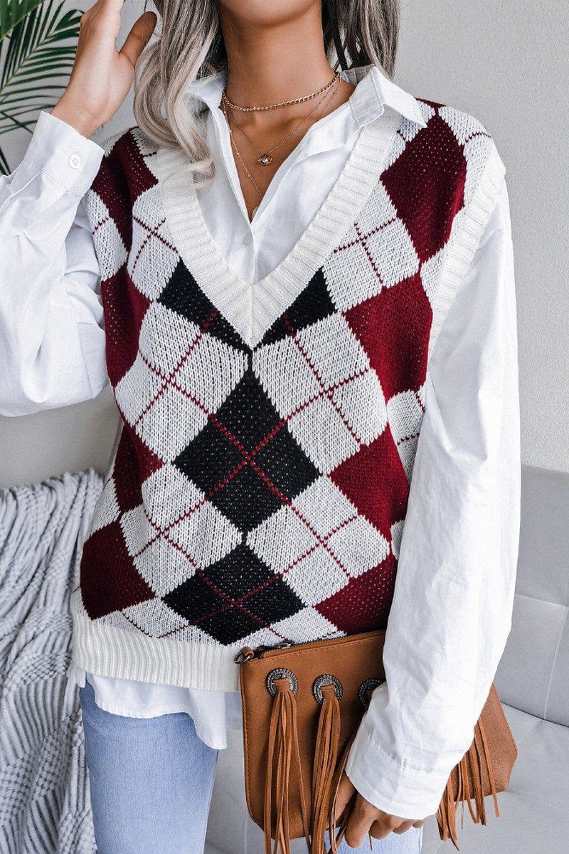 V NECK LOZENGE CASUAL LOOSE KNIT VEST