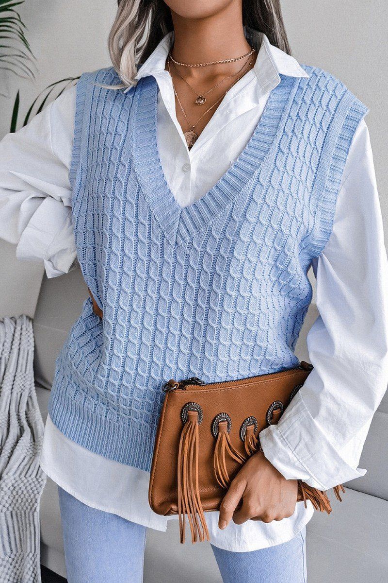 WOMEN V NECK TWIST CASUAL LOOSE KNIT SWEATER VEST