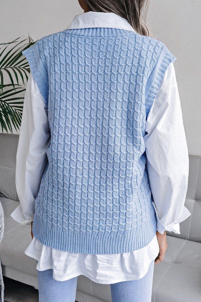 WOMEN V NECK TWIST CASUAL LOOSE KNIT SWEATER VEST