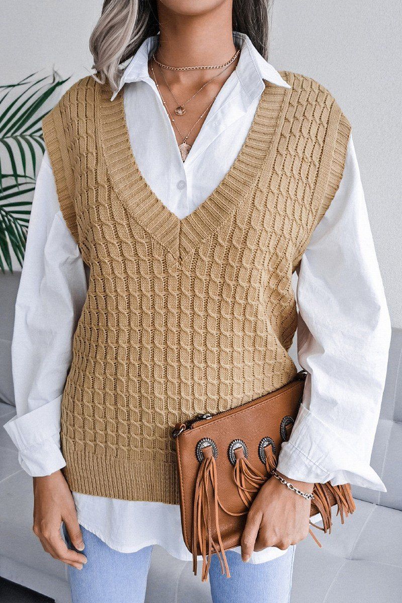 WOMEN V NECK TWIST CASUAL LOOSE KNIT SWEATER VEST