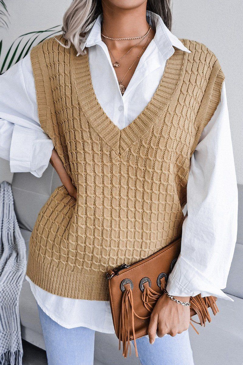 WOMEN V NECK TWIST CASUAL LOOSE KNIT SWEATER VEST