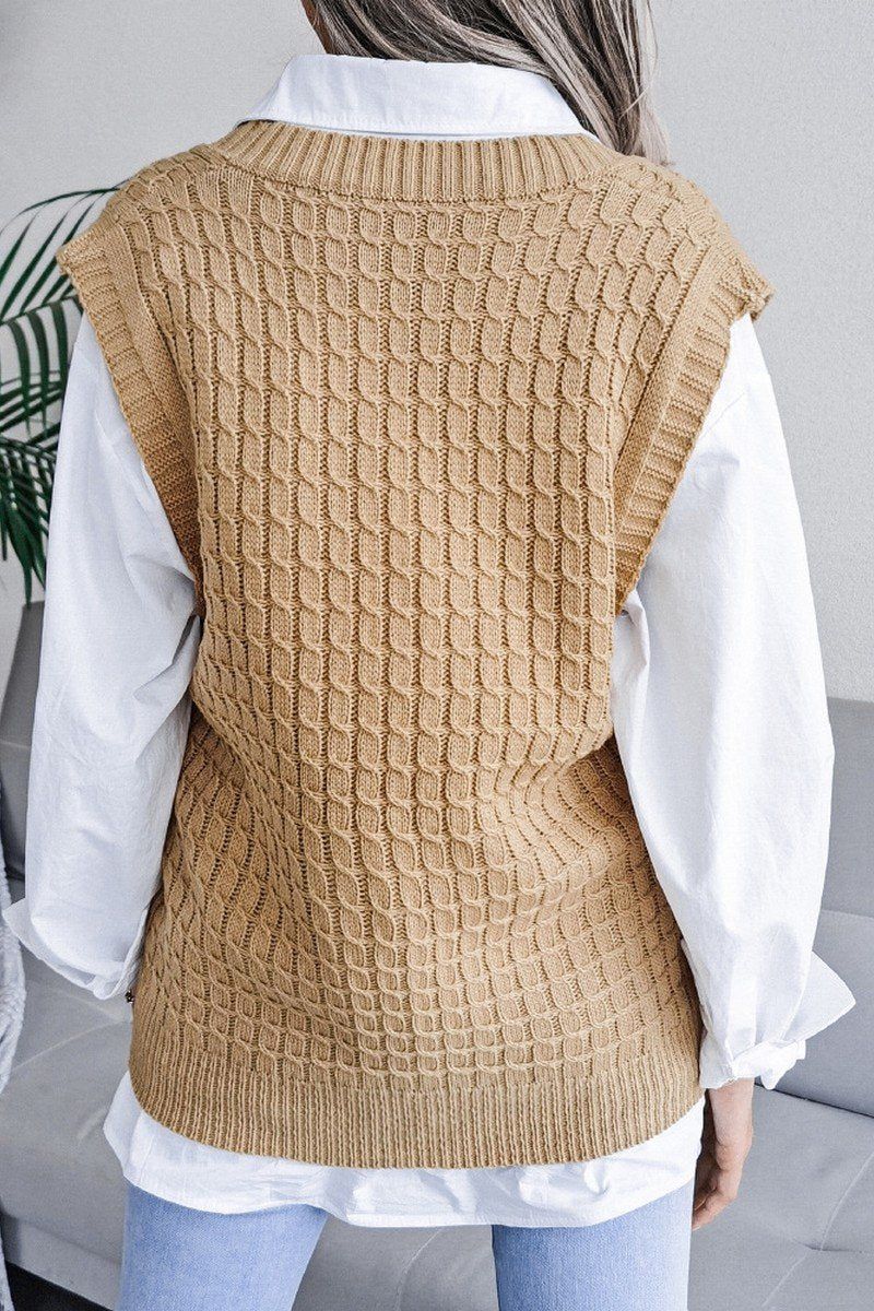 WOMEN V NECK TWIST CASUAL LOOSE KNIT SWEATER VEST