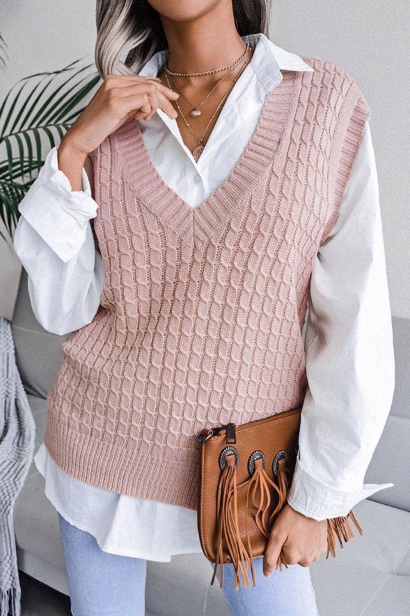 WOMEN V NECK TWIST CASUAL LOOSE KNIT SWEATER VEST