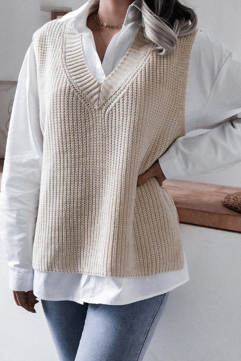 WOMEN V NECK CASUAL LOOSE KNIT SWEATER VEST