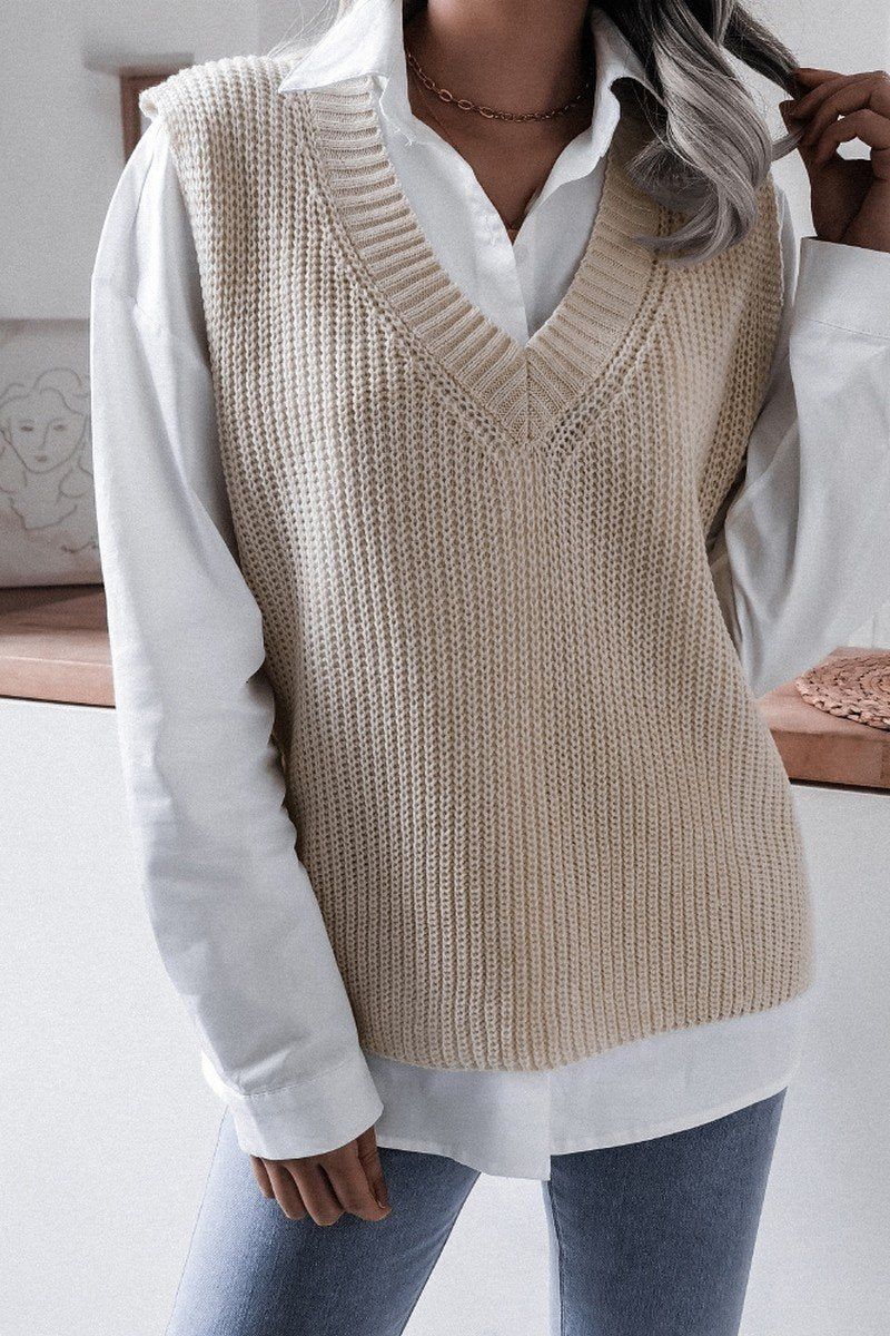 WOMEN V NECK CASUAL LOOSE KNIT SWEATER VEST