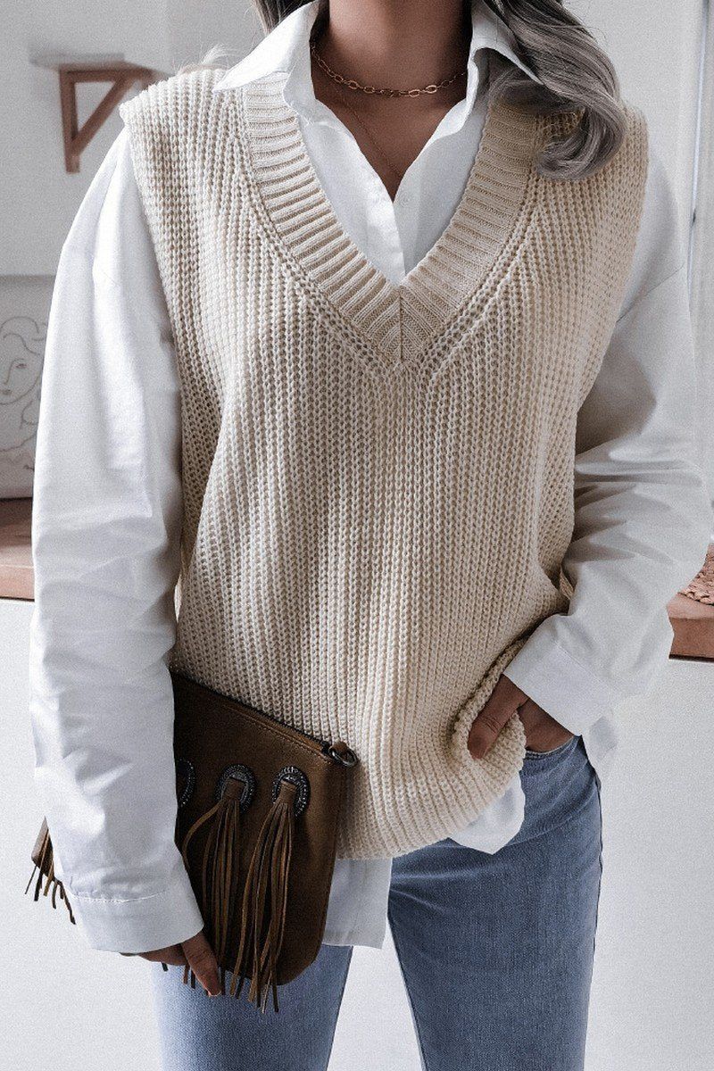 WOMEN V NECK CASUAL LOOSE KNIT SWEATER VEST